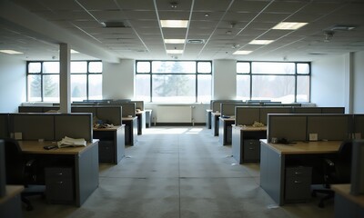 Quiet Office Space with Aged Carpet and Empty Desks at Dawn
