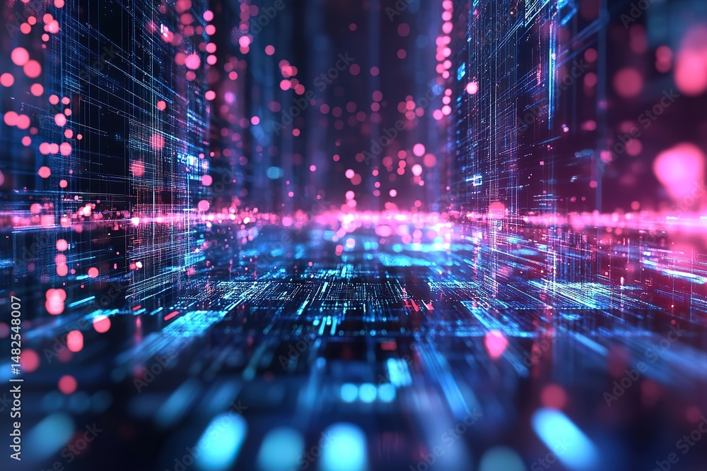 Poster abstract digital network with glowing lines and dots in blue and pink creating a futuristic cyberspa