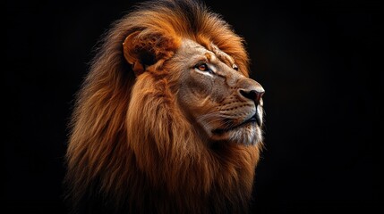 Fototapeta premium Majestic lion portrait with deep gaze and luxurious mane in dramatic lighting