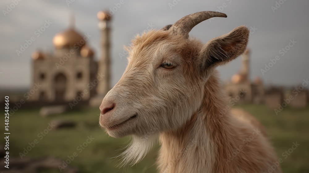 Poster close-up of a goat in front of a religious structure.