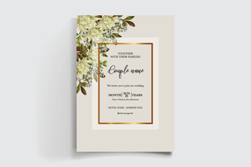 WEDDING INVITATION FRAME WITH FLOWER DECORATIONS AND FRESH LEAVES