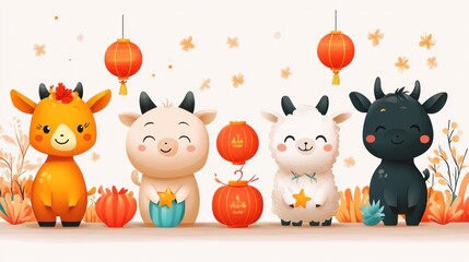 Naklejka premium Adorable Cartoon Oxen and Goats Celebrating Chinese New Year
