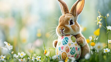 Adorable bunny with decorated easter egg in spring meadow. - Powered by Adobe