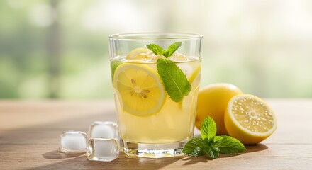 Fototapeta premium Artisan Lemonade with Mint and Ice Cubes 