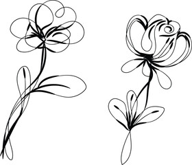 Elegant Line Art Floral Design Two Abstract Flowers Simple Black and White Illustration