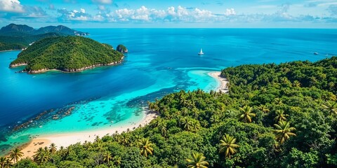 Obraz premium Secluded Island Paradise: Lush Landscape and Calm Ocean