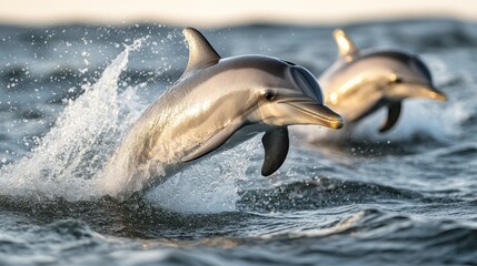 Fototapeta premium Dynamic dolphins leaping through ocean waves in a stunning aquatic display