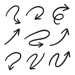 Obraz premium Hand Drawn Black Arrow Set - Nine Various Doodle Styles on Dark Grey Background, Navigation Pointers, Isolated Design Elements