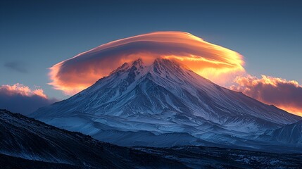 Majestic snow-capped volcano with vibrant sunset lenticular cloud.