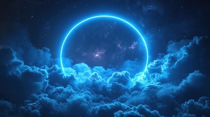 Mystical blue moon above luminous clouds in starry night sky