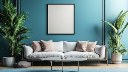 Modern living room with blue walls and stylish sofa in minimalist design