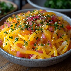 A vibrant dish of yellow noodles with vegetables.