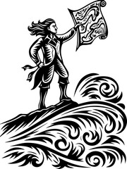 SVG vector of a Skull Captain holding a treasure map and saber. Adventurous Captain Holding Treasure Map on Rocky Shoreline Design