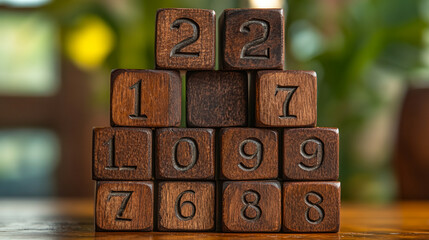 Wooden Number Blocks Stacked in Pyramid Shape