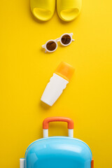 Flat lay vertical arrangement of vacation essentials including sunglasses, sunscreen, sandals, and...