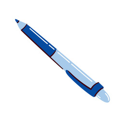 Cartoon blue pen in doodle style for drawing, writing, or schoolwork. Vector illustration of blue pen sticker for creativity to notes.
