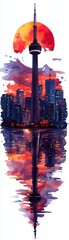 Fototapeta premium Watercolor Cityscape at Sunset Tower and Reflection