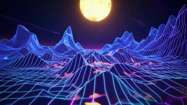 Retro-style glowing digital landscape with wireframe mountains and rising sun, neon synth wave animation in 80s vapor wave art style loop
