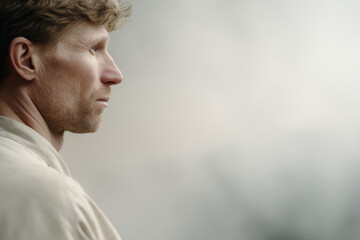 portrait of foundry worker positioned on left side of frame with focused expression