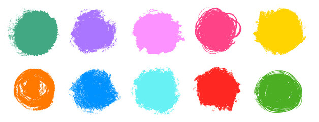 Brush round ink chalk circle blots set. Retro vintage  hand drawn stain marks collection. Oval grunge doodle sketches.