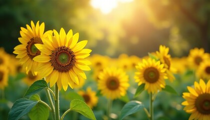 Fototapeta premium Vibrant sunflowers in full bloom, bathed in sunlight within a lush park setting , meadow, scenic, leaves