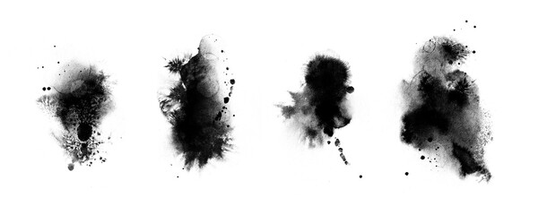 Abstract ink background set, grunge art. Black paint stroke texture on white paper in marble style. Wallpaper for web design and games. Hand drawn watercolor isolated illustrations