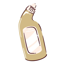 Cleaning bottle with curved neck and blank label, beige cartoon doodle style. Vector illustration for household, janitor, or hygiene design.