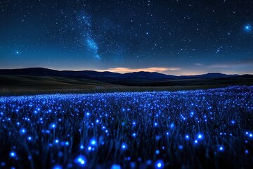 Starry night sky over a field of glowing blue flowers.
