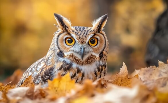 Majestic owl observing fall foliage nature scene close-up view