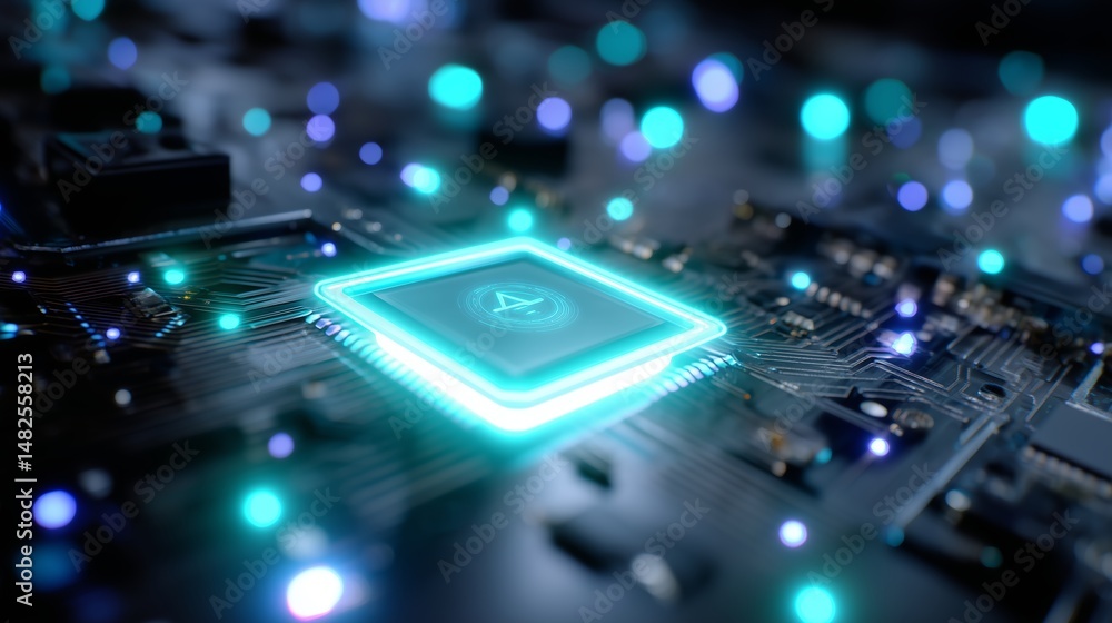 Poster exploring the intricate details of a modern circuit board with glowing components and a bright proce