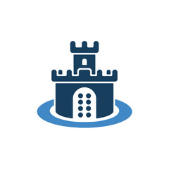 A stylized castle icon is depicted with a simple battlement design and a central tower, surrounded by a blue circular shape suggesting a moat.