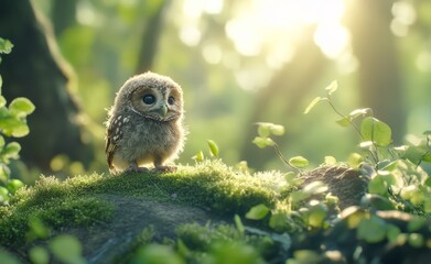 Charming baby owl in lush forest setting nature photography close-up © Ayou.Y