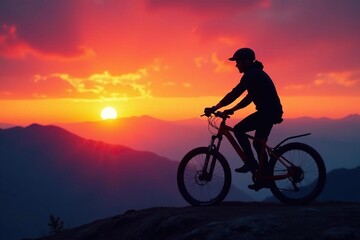 Obraz premium Silhouette of a mountain bike against a vibrant sunset sky , blue, golden hour