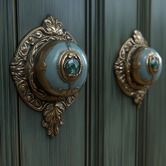 Ornate, decorative door knockers on a wooden surface.