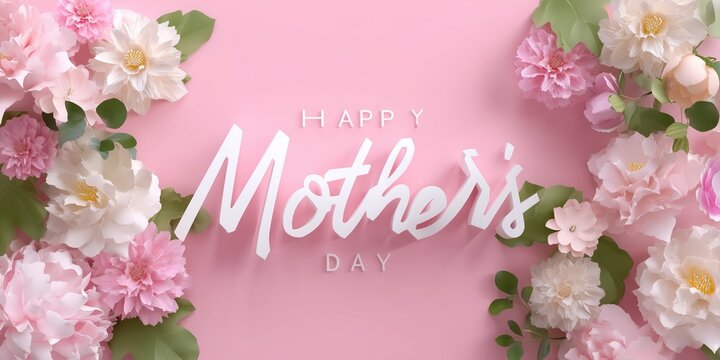 Colorful floral arrangement celebrating Mother's Day with elegant typography on a soft pink background