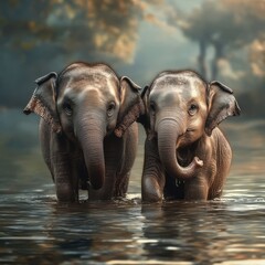 Fototapeta premium Elephants splashing playfully in water natural habitat wildlife photography