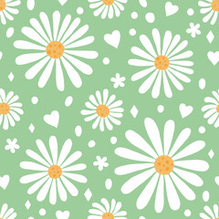Chamomile flowers seamless pattern. Hand drawn isolated sparsely scattered white daisy flowers, dots and hearts on green background. Cute daisy floral baby allover backdrop