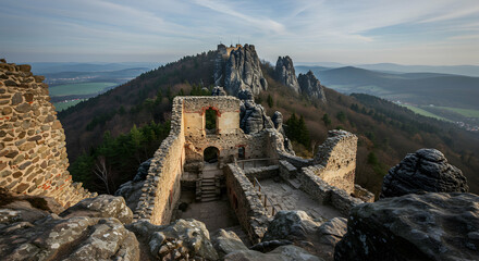 Fototapeta premium Medieval Castle Ruins: Hilltop Fortress Panorama