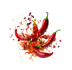 Red and hot Falling bursting chili peppers whith chili pawder on islated transfarent background, PNG.
