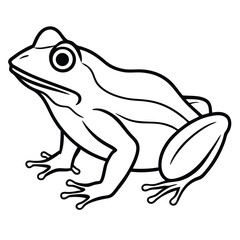 Naklejka premium Cartoon frog illustration in black outline with big eyes, smooth body, webbed feet. Profile view shows classic sitting pose, books, decor, or learning materials, perfect for kids' art or nature theme