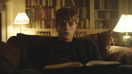 Teenager sits on couch, reading book in dimly lit library.