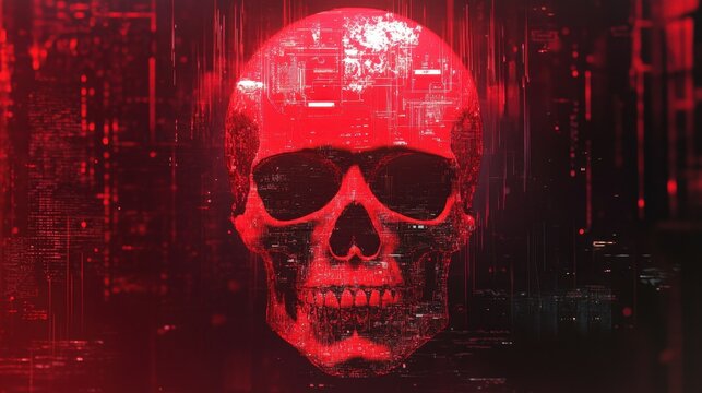 A giant red skull symbolizing a global cyber attack on digital infrastructure.