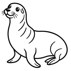 Fototapeta premium Cute sea lion line drawing with round body, flippers, and smiling face. Simple friendly minimalist vector line art design style, perfect for kids coloring books, decor, marine graphics, ocean visuals 