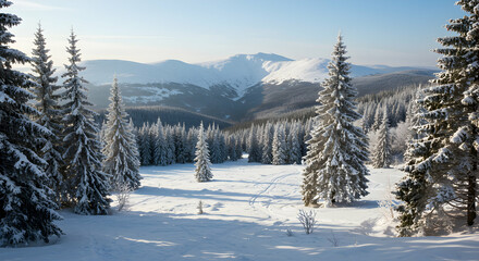 Obraz premium Stunning Winter Landscape: Snow-Covered Trees & Mountains