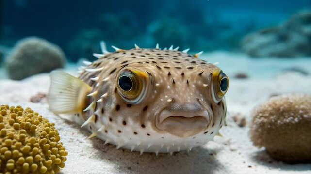 Discover the captivating beauty of a Longspine Porcupinefish in its natural ocean habitat a stunning underwater scene showcasing vibrant marine life and coral reefs.