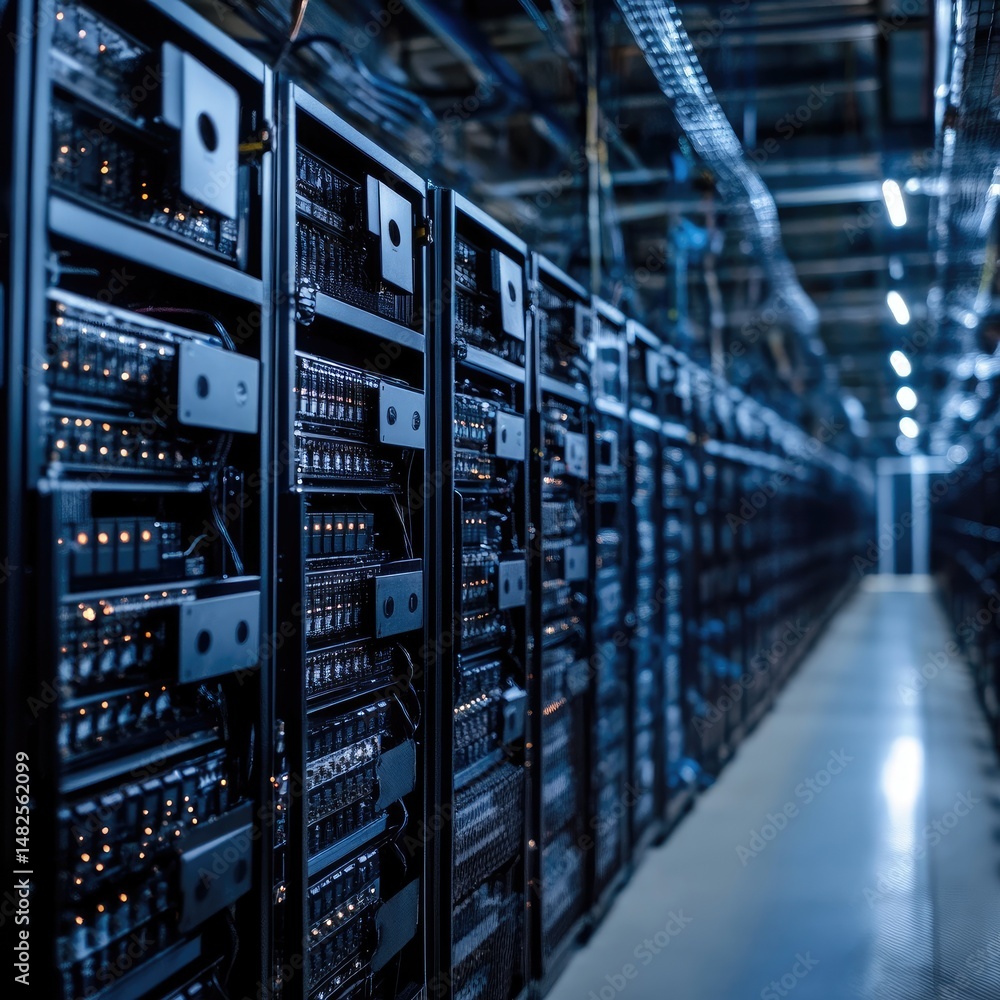 Poster server racks in a data center. rows of dark metal server cabinets line a wide hallway. extensive wir