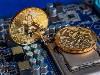 Bitcoin Cryptocurrency Coins on Circuit Board