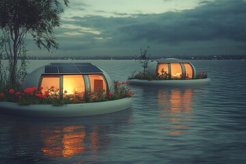 Two futuristic floating homes on calm water at dusk, illuminated from within, with solar panels and lush greenery.