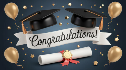vibrant graduation card features 3d a classic black graduation cap and golden balloons and stars, celebrating success with the joyful message "Congratulations" It's perfect for honoring graduates.