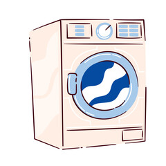 Washing machine with front-loading blue door and beige body. Vector illustration in cartoon doodle style for home cleaning, hygiene, laundry room, or interior design projects